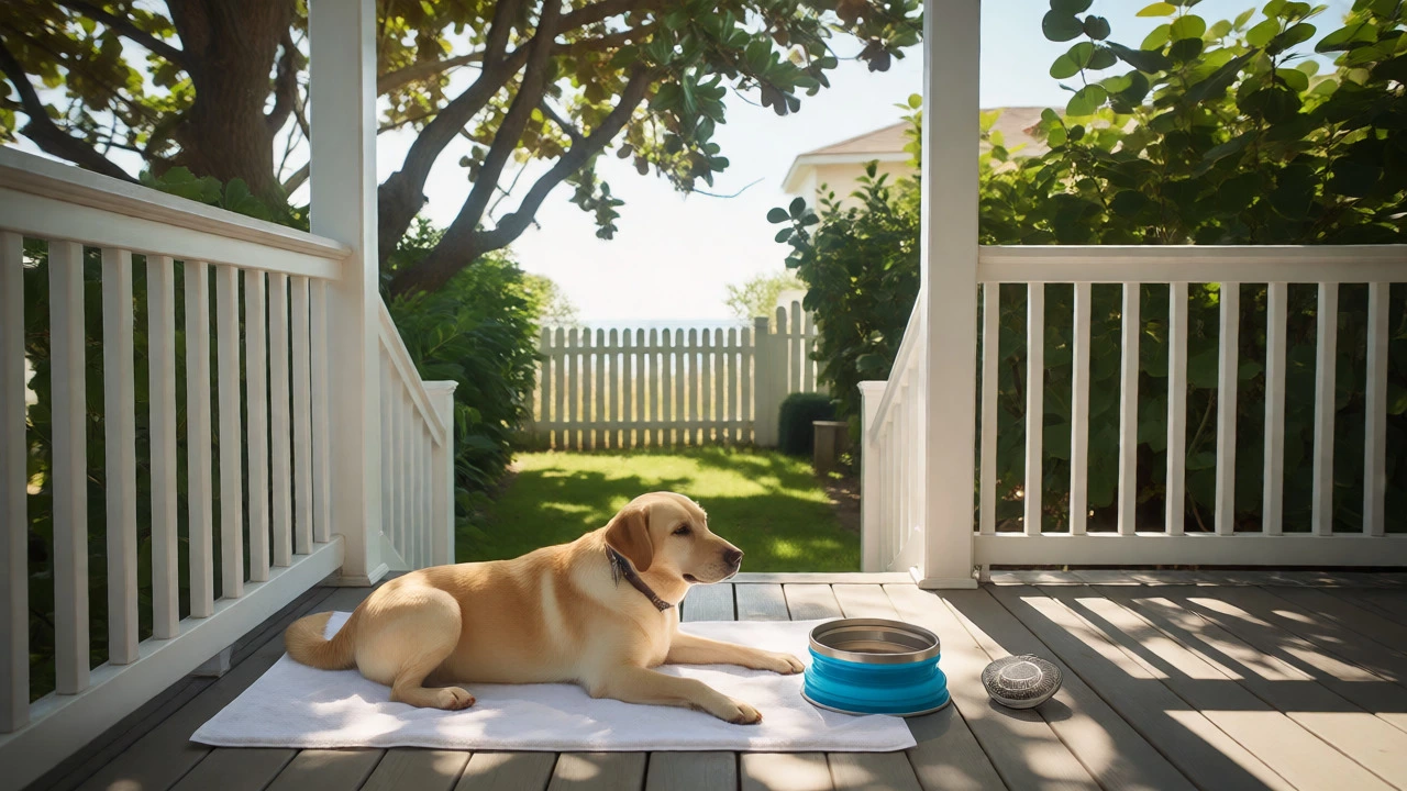 Labrador resting on porch with water bowl and fan
