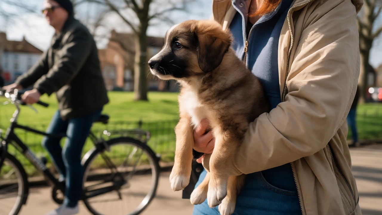 Owner carrying a puppy outdoors during socialization to ensure safety.