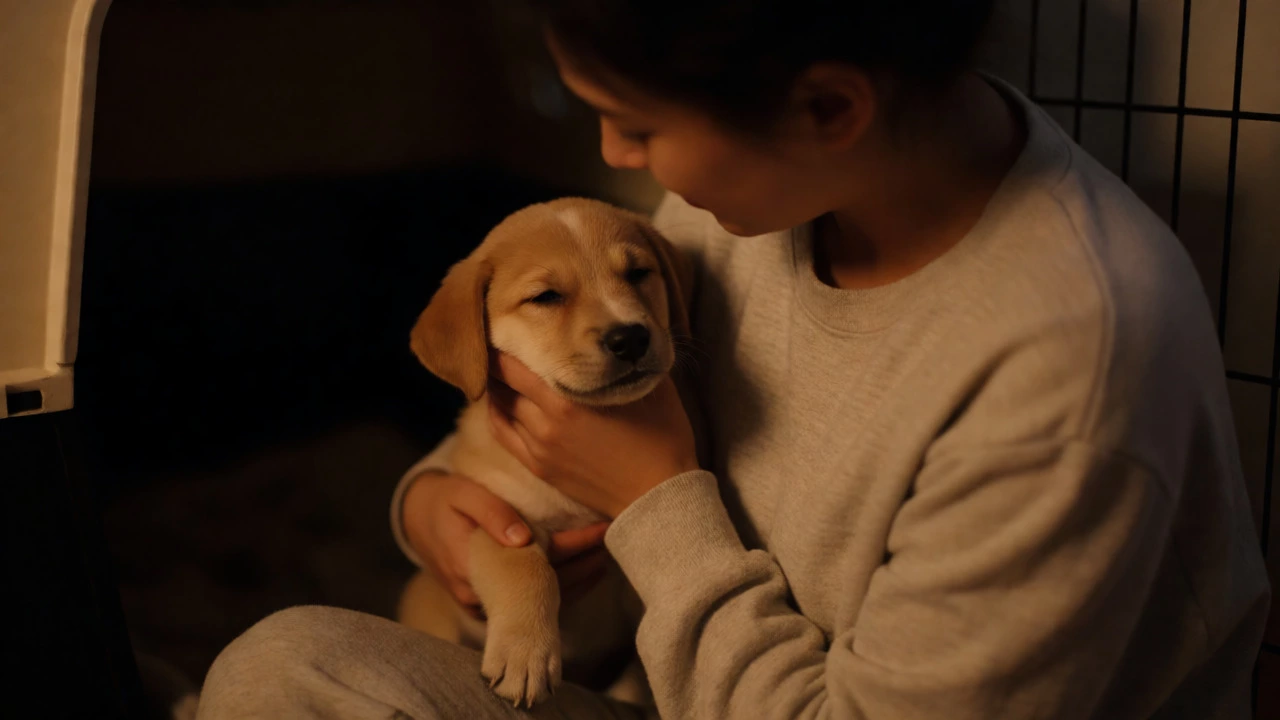 Owner gently lifting a sleepy puppy from its crate for a nighttime bathroom break.