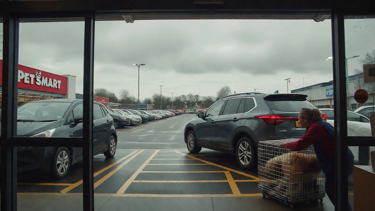 Owner loading a dog into a car in a busy pet store parking lot.