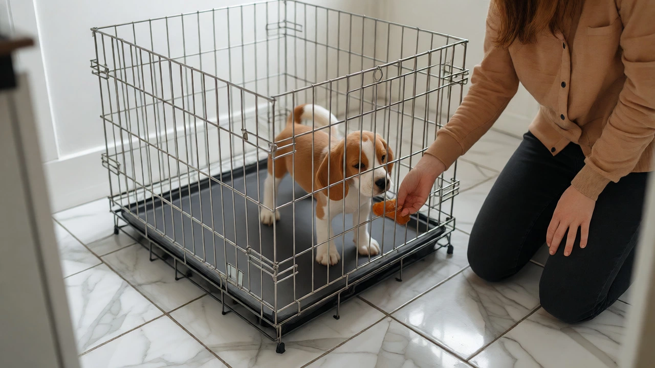 Owner placing a toy in a properly sized crate containing a small Beagle puppy.