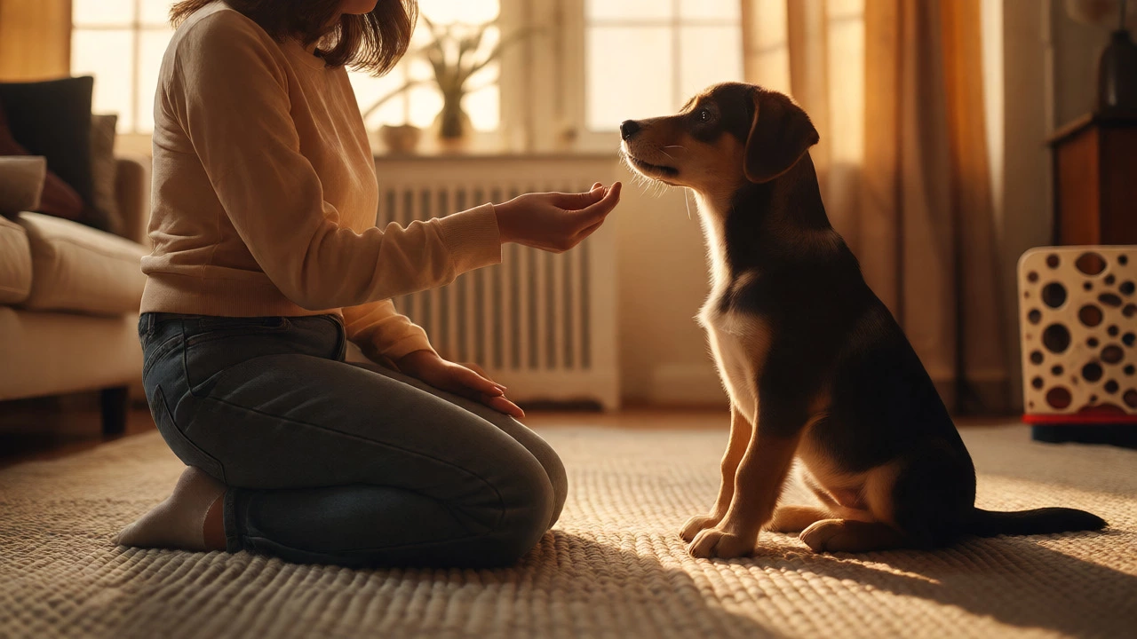 Owner rewarding a calm puppy with a treat during positive training session.