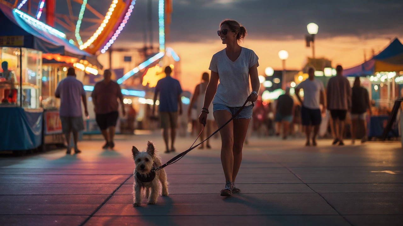 Owner walking leashed dog on Ocean City Boardwalk at dusk