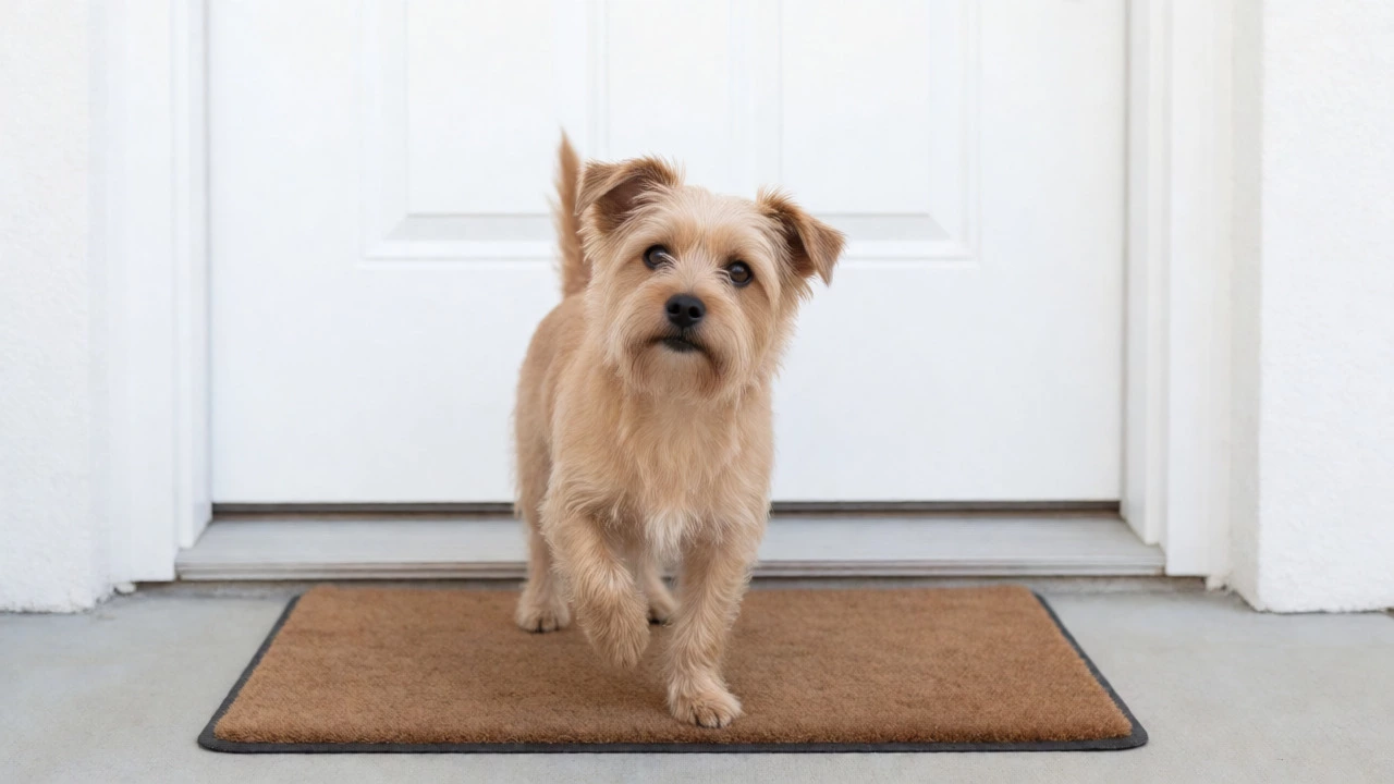 Small terrier standing on a mat by a door, looking up to ask to go out.