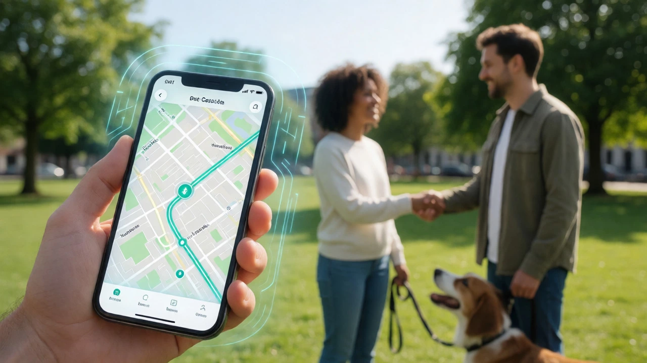 Smartphone GPS tracking app with dog walker and client in park