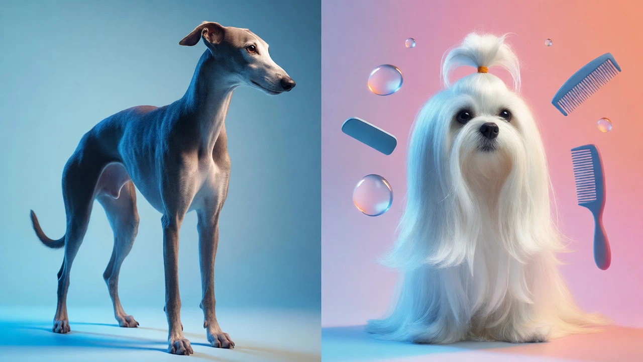 Split image comparing a short-haired Greyhound and long-haired Maltese