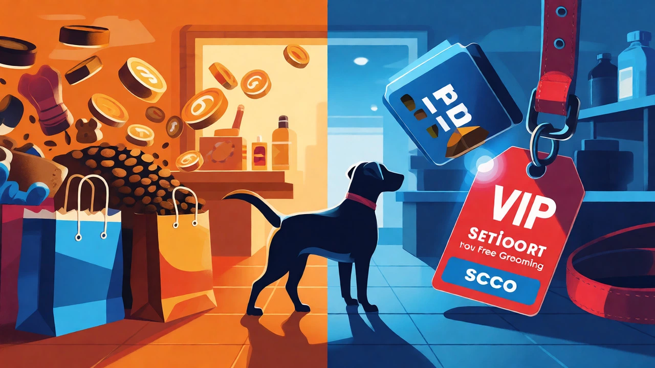 Split-screen illustration comparing loyalty rewards for two pet retailers.