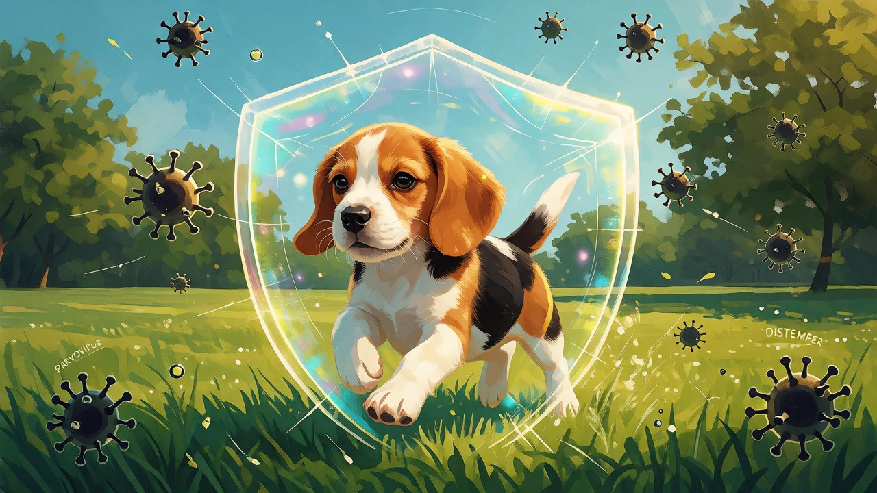 A Beagle puppy protected by a glowing energy shield in a park