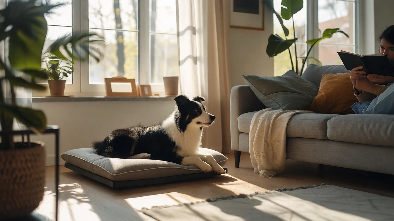 A Border Collie relaxing on a dog bed in a sunny, spacious living room corner.