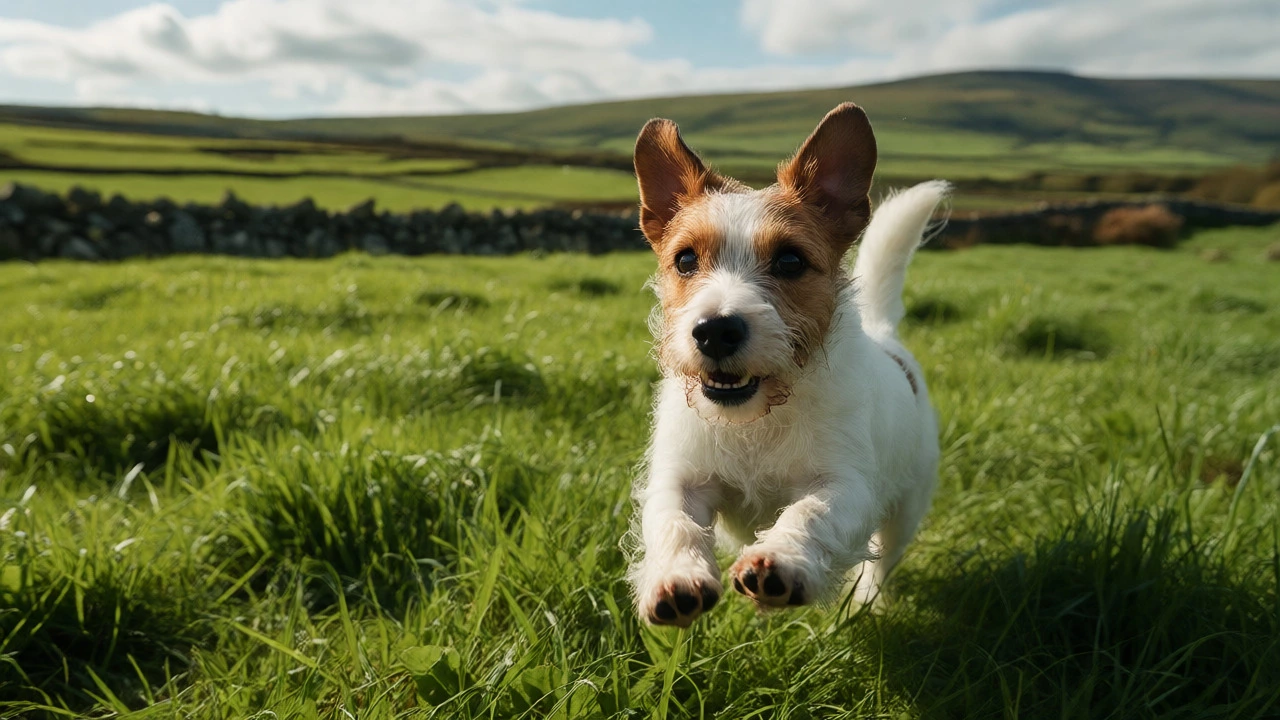 A healthy Jack Russell Terrier runs energetically across a green field.