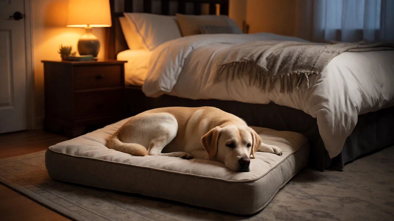 A Labrador sleeping peacefully on a dog bed next to a human bed in a warmly lit bedroom.