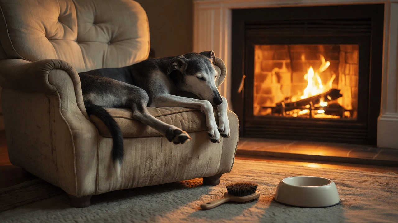 A retired Greyhound sleeps peacefully on an armchair near a fireplace.
