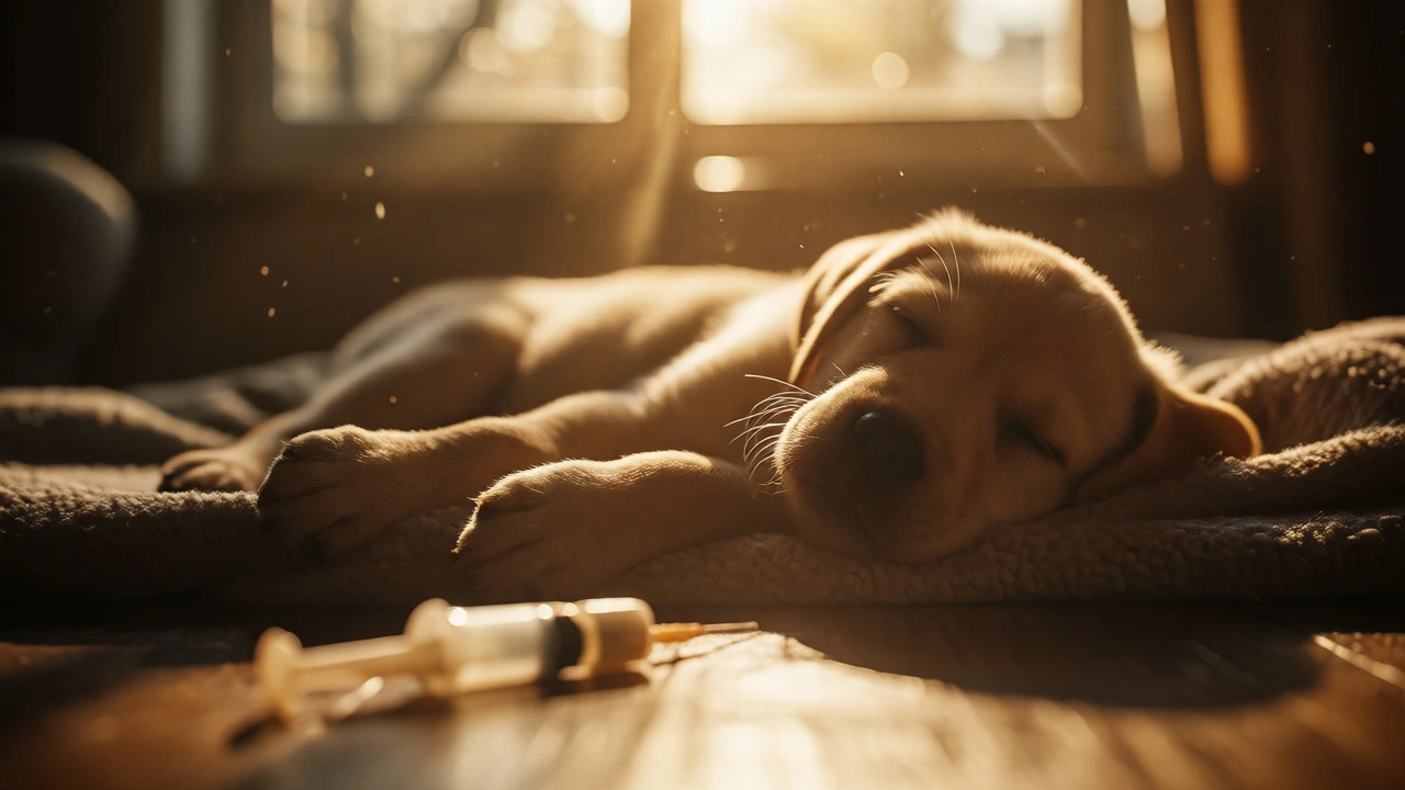 A sleeping Labrador puppy in warm sunlight at home