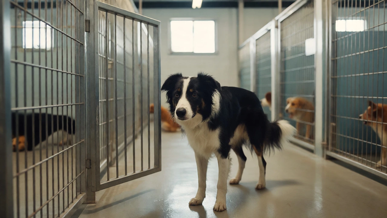 Border collie looking nervous in a dog boarding facility