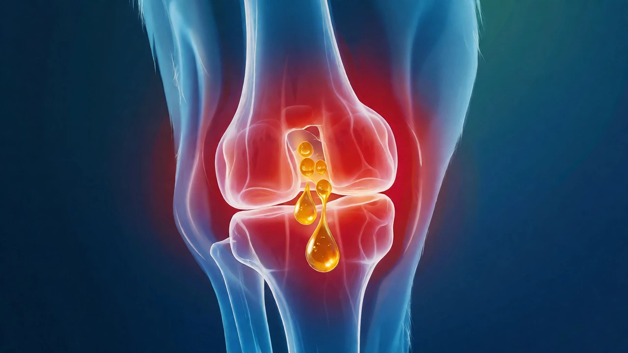 Conceptual art showing Omega-3s reducing inflammation in a dog joint