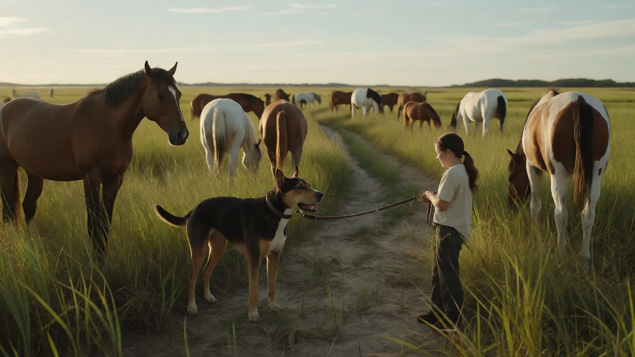 Dog on leash observing wild horses from safe distance in marsh