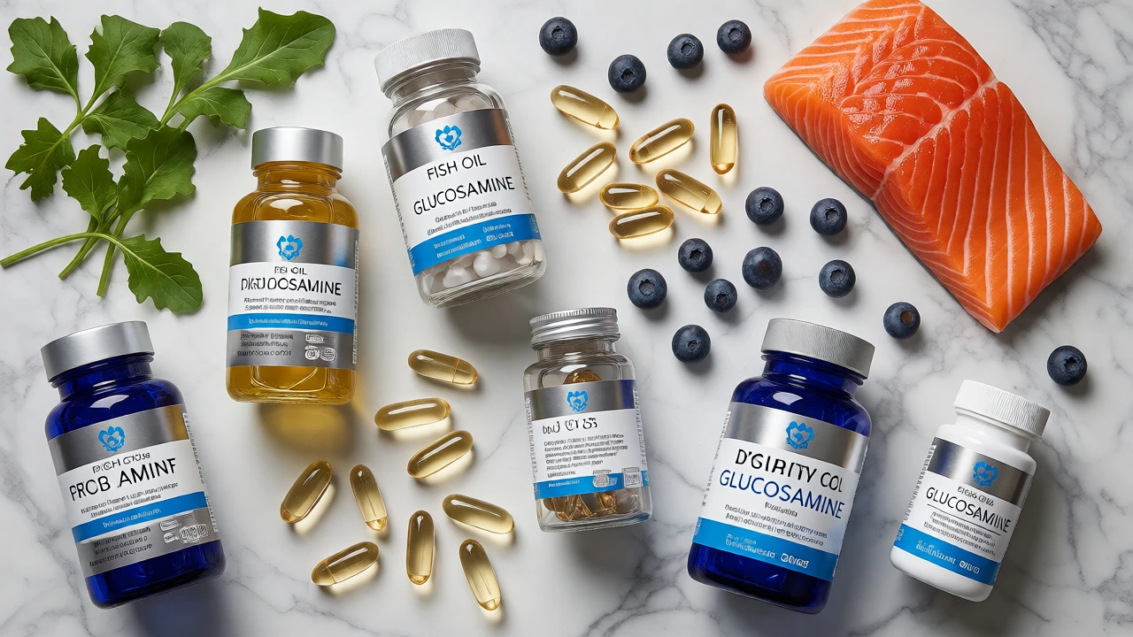 Flat lay of premium dog supplements including fish oil and probiotics with fresh food ingredients