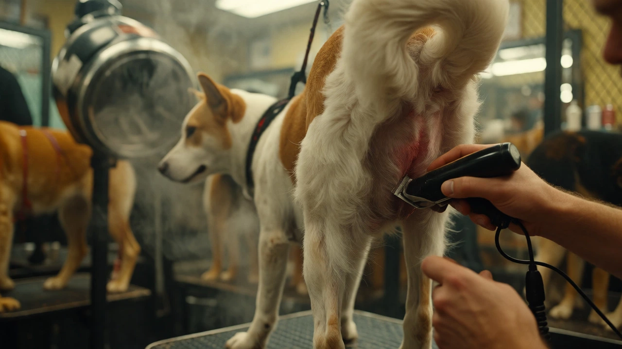 Groomer using clippers on a dog in a salon