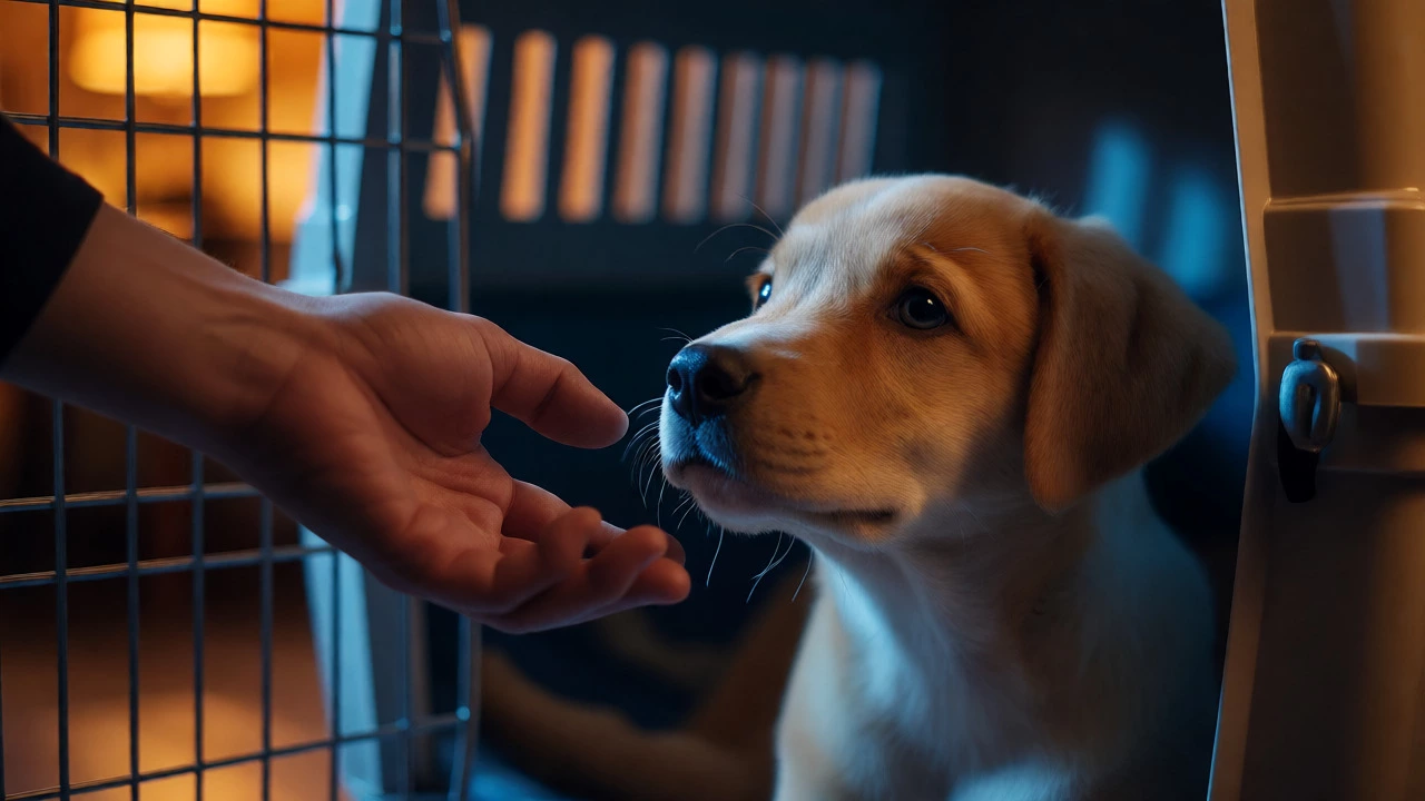 Hand closing crate door while calm puppy watches at night