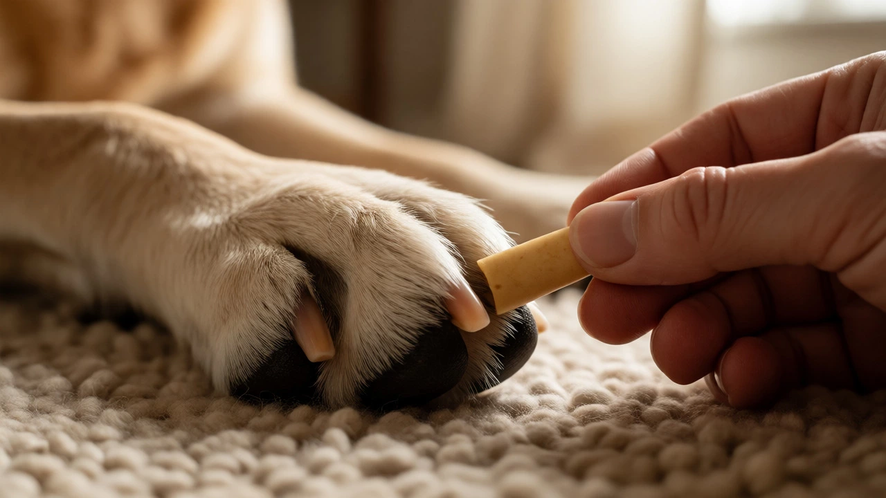 Hand giving a joint supplement chew to a senior Labrador Retriever in a home setting