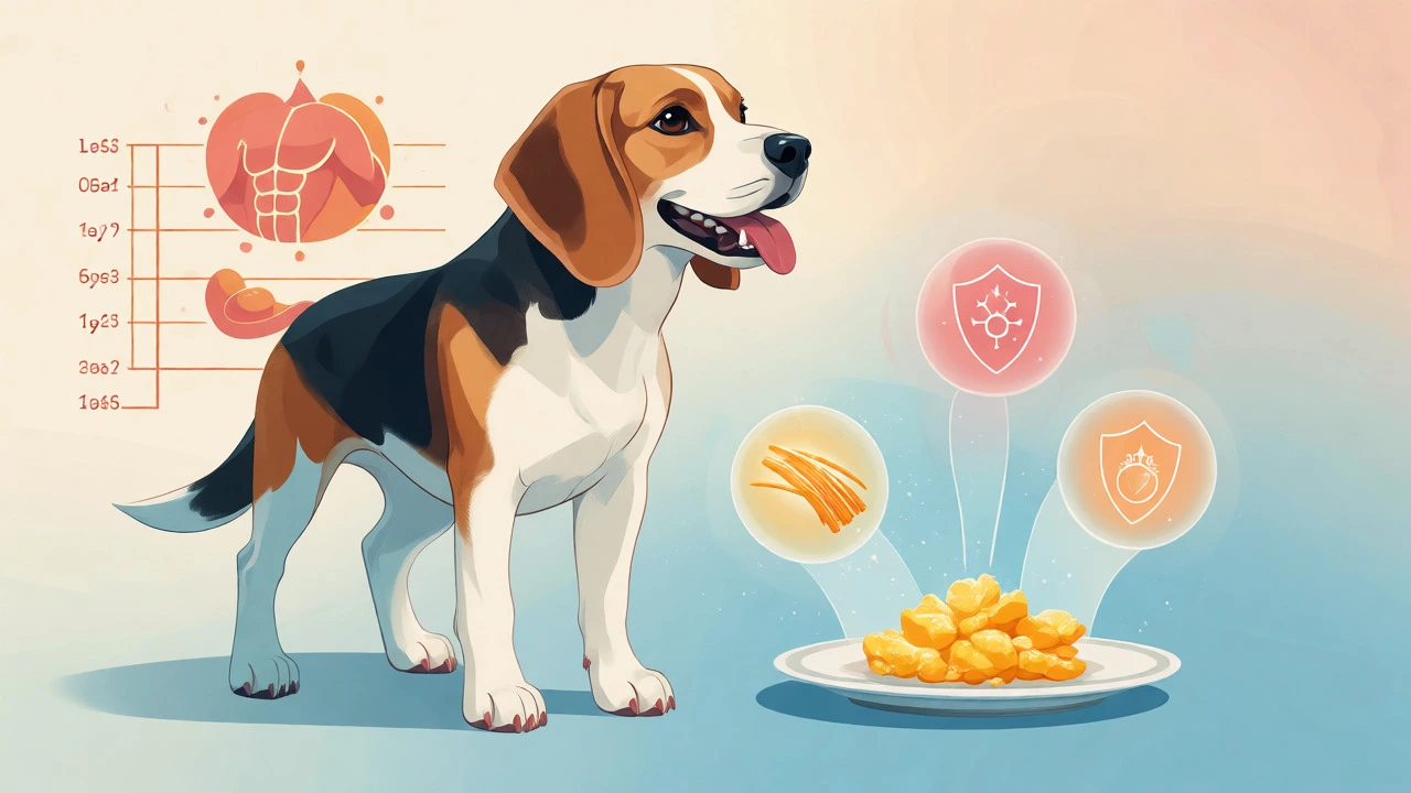 Illustration of a healthy dog surrounded by glowing icons representing protein and coat health from eggs.