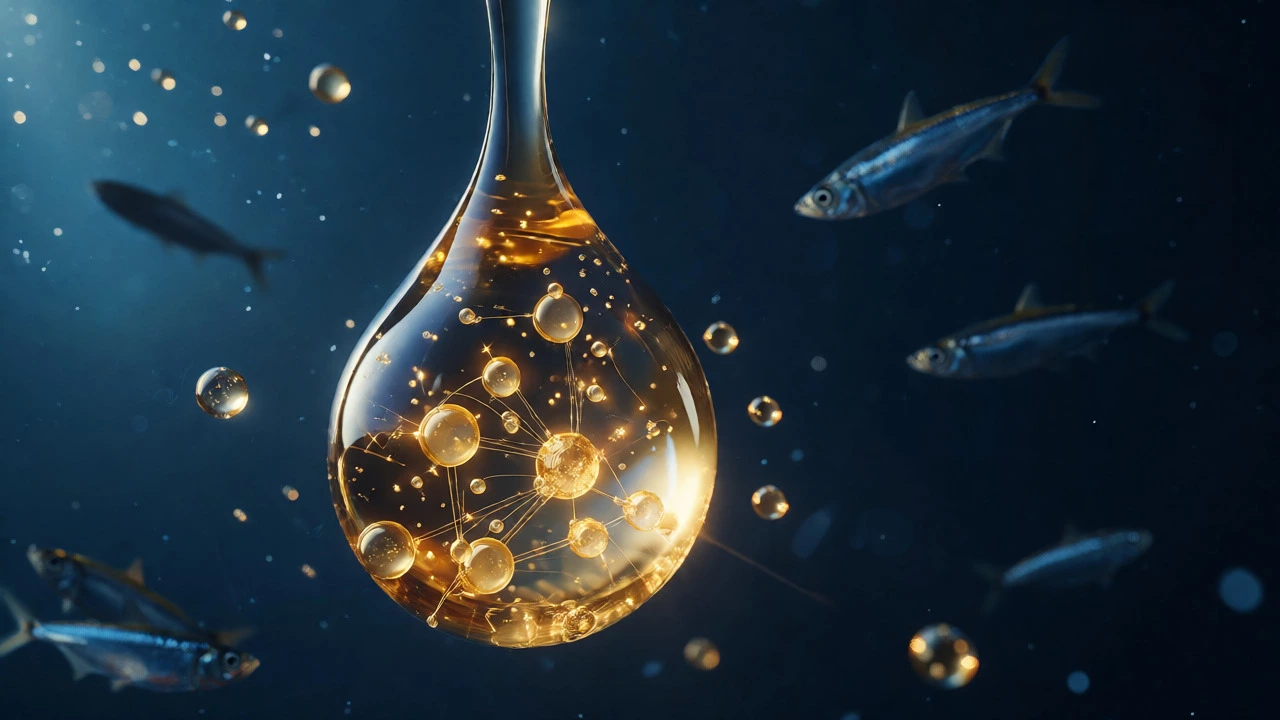 Macro shot of a golden fish oil drop with ocean background