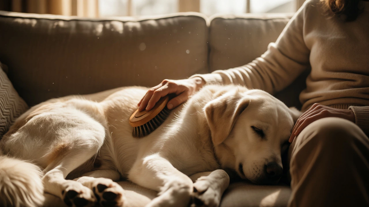 Owner brushing dog on sofa in warm sunlight