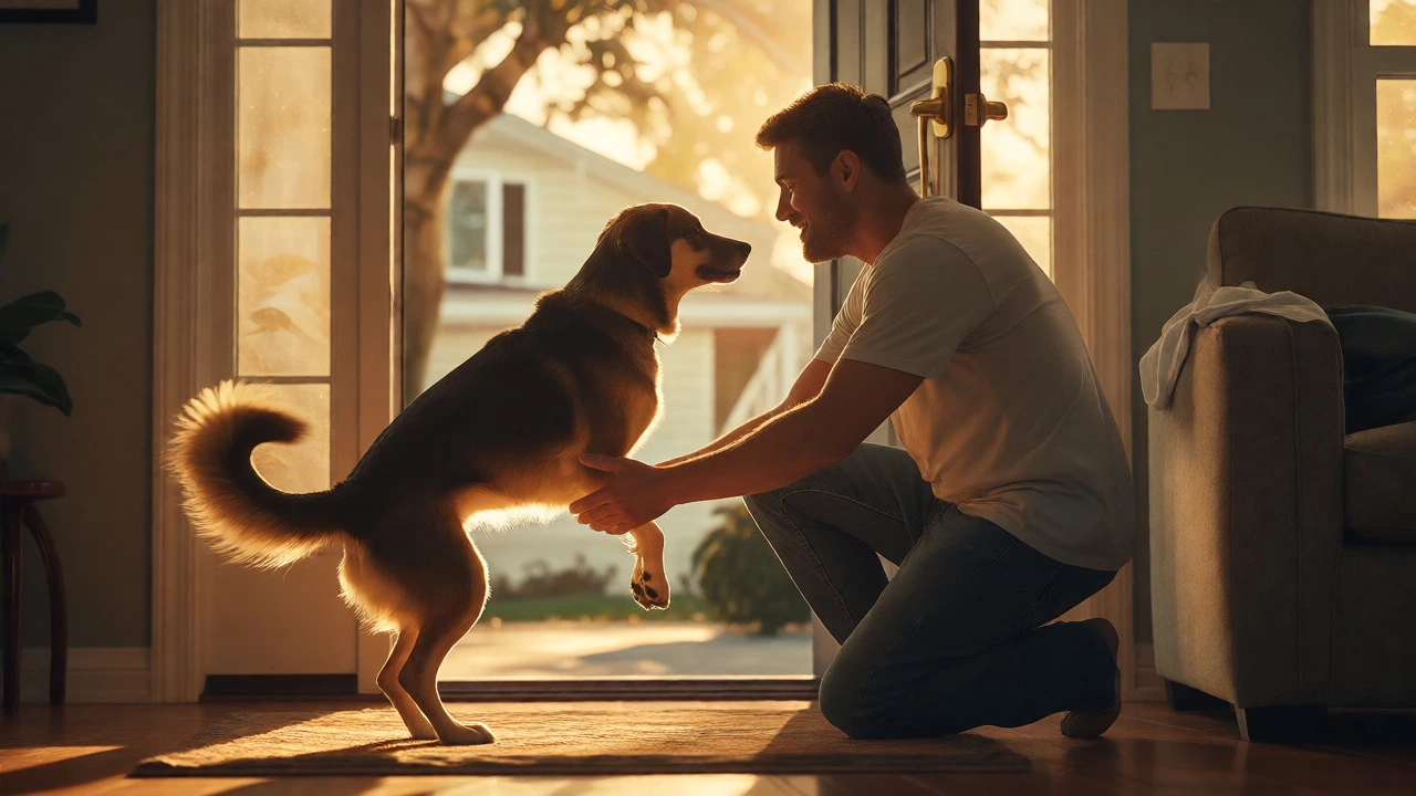 Owner calmly greeting their happy dog upon returning home