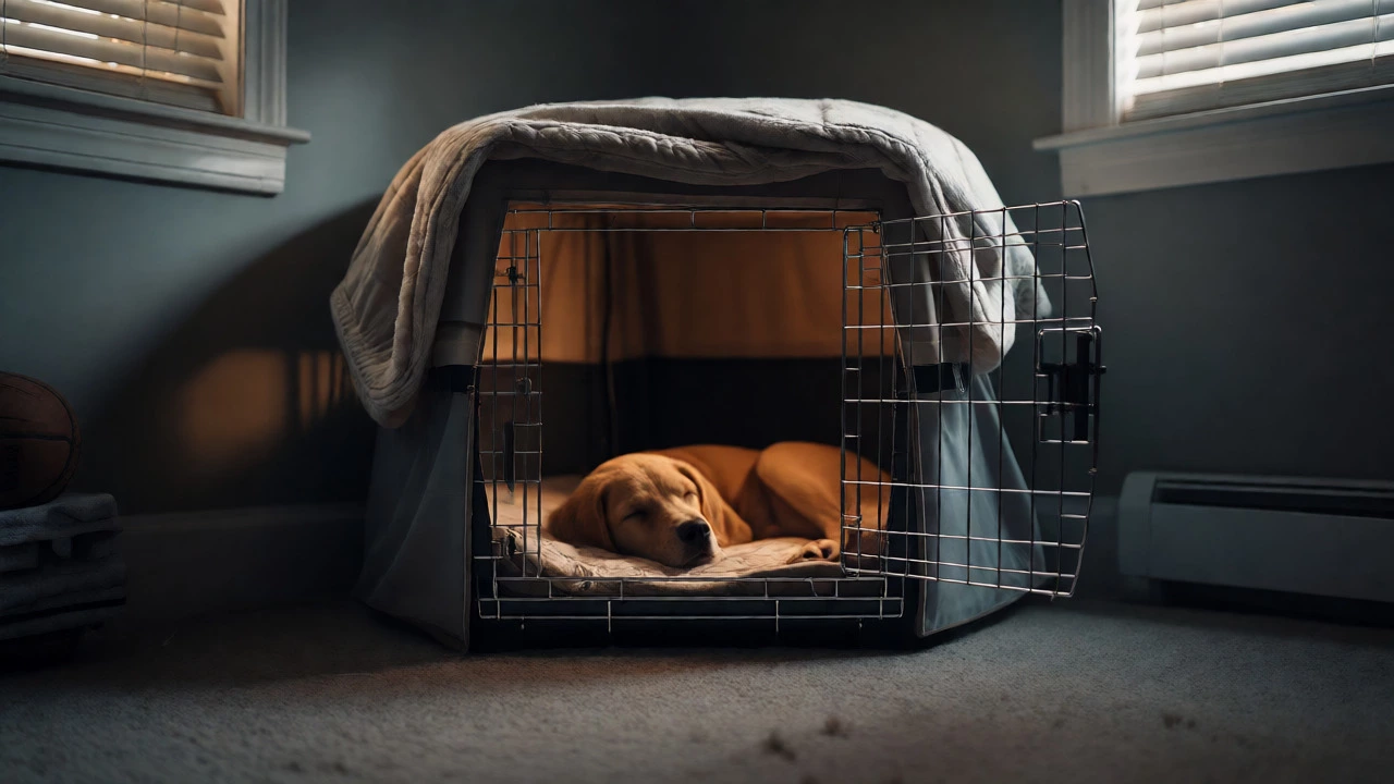 Puppy sleeping securely in a closed, covered crate