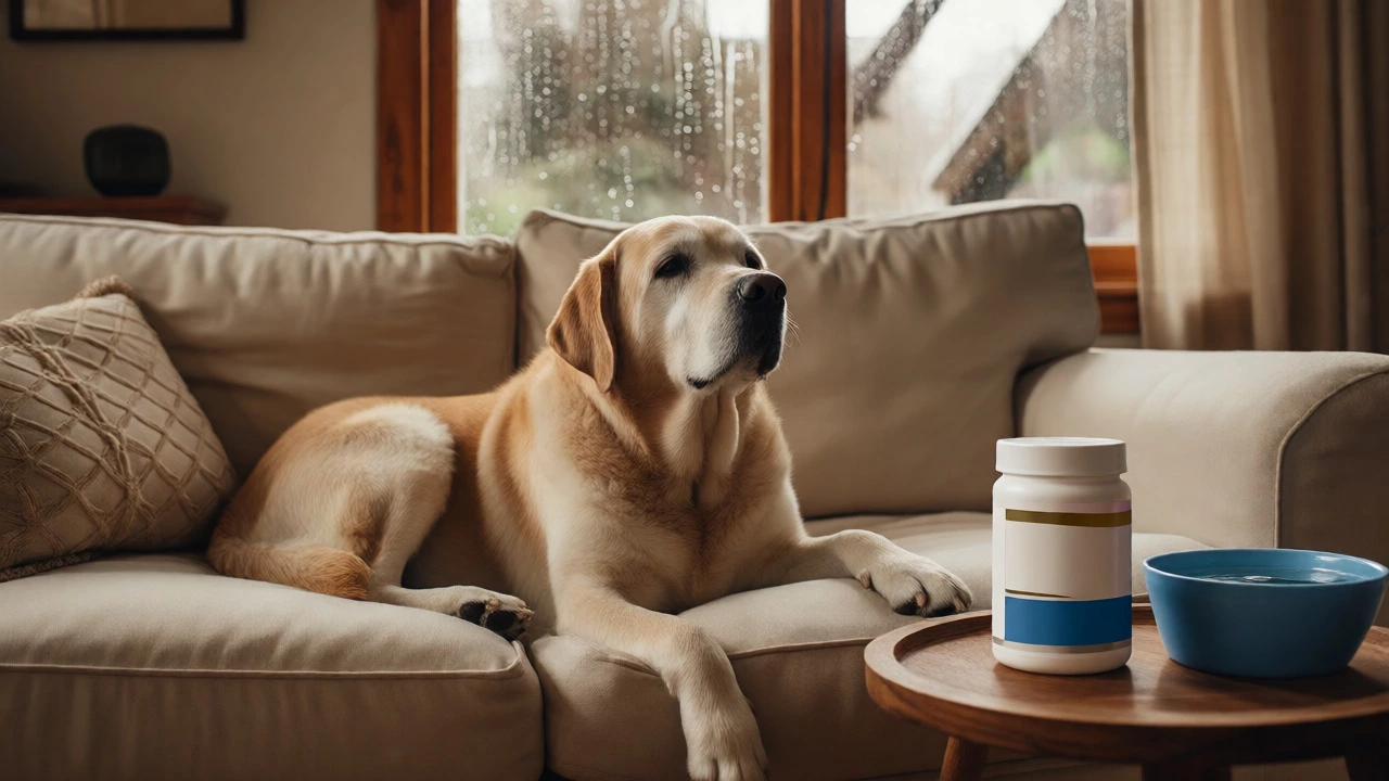 Relaxed elderly Labrador on a sofa next to fish oil supplements