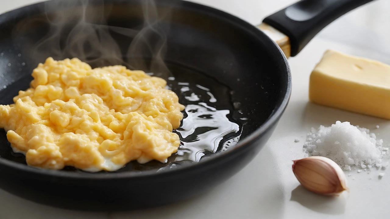 Scrambled eggs cooking in a non-stick pan with butter and garlic shown nearby as items to avoid.