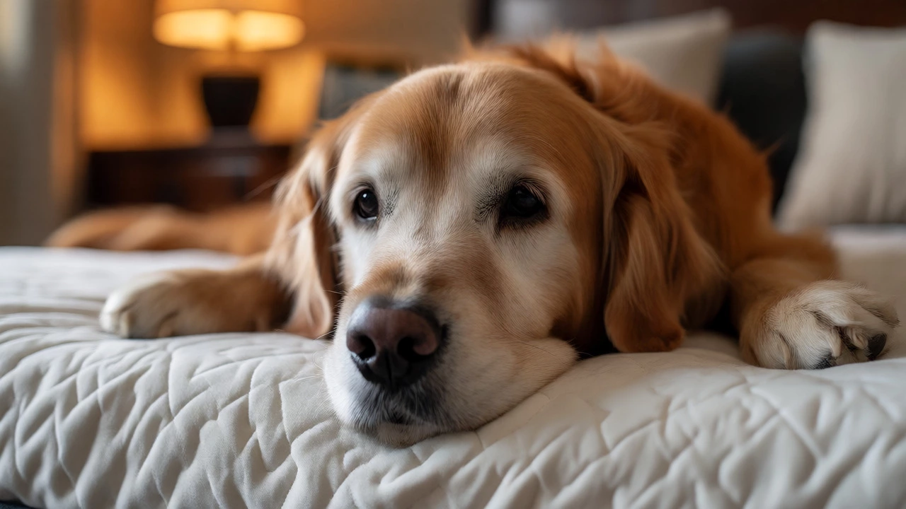 Senior Golden Retriever resting comfortably on an orthopedic memory foam bed