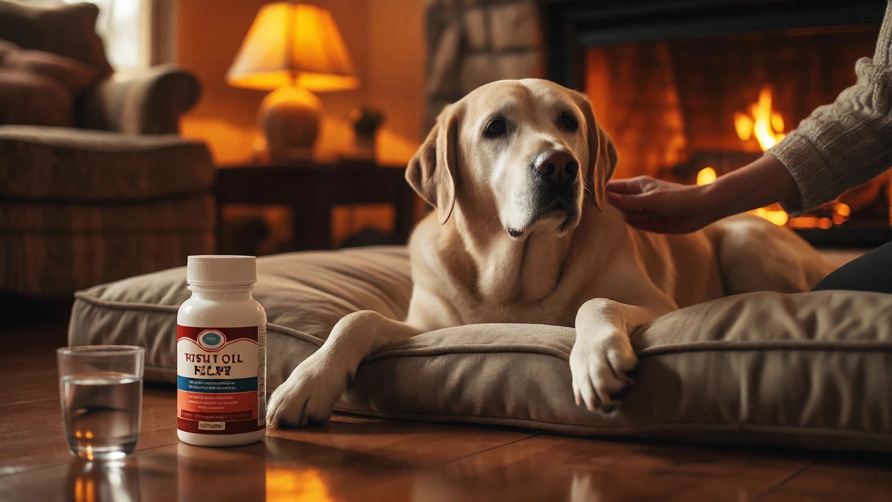Senior Labrador being brushed near a fish oil supplement bottle