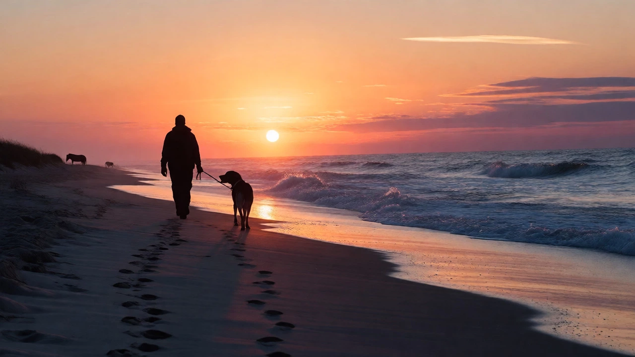 Silhouette of walker and leashed dog at sunset on Assateague coast