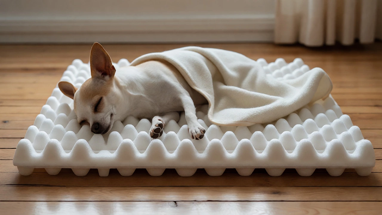 Small dog sleeping on a simple egg-crate foam mat on a wooden floor